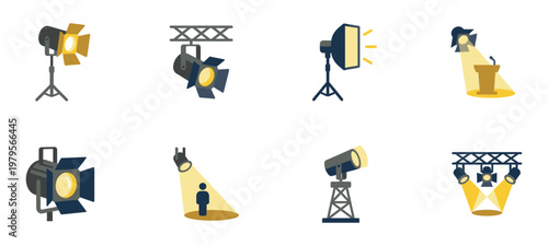 Stage Spotlight and Professional Studio Lighting Vector Icon Set. Vector Illustration.	
