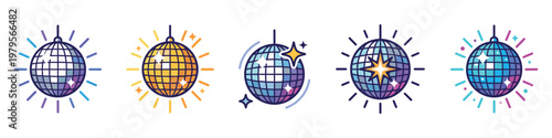 Mirror Disco Ball and Party Celebration Vector Icon Set. Vector Illustration.	

