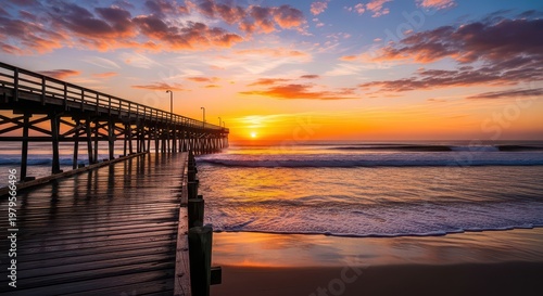 Wallpaper Mural Beautiful ocean pier at sunrise with colorful sky and gentle waves hitting shore. Torontodigital.ca