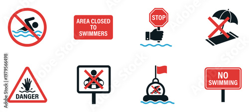 Water Safety and Beach Warning Prohibition Sign Vector Set. Vector Illustration.	
