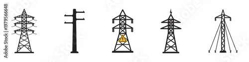 High voltage electric power transmission tower silhouettes set for energy industry. Vector Illustration.	
