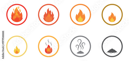 Evolution of fire icons set from burning flame to smoke and ash. Vector Illustration.	
