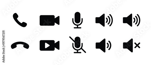 Phone receiver, video call, microphone, mute, speaker volume, and silent icon, communication element symbol, modern flat vector design