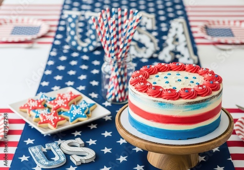 Wallpaper Mural Fourth of July party table with patriotic cake, star cookies and festive decorations. Torontodigital.ca