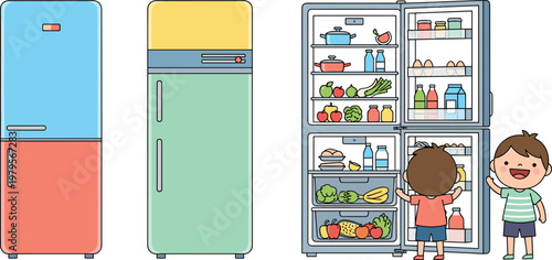 Colorful Retro Refrigerators and Happy Child Opening a Fridge with Healthy Food, Perfect for Kitchen, Household, and Family Illustrations