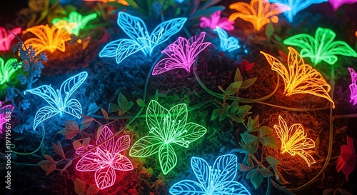 Glowing Neon Flowers Illuminated in a Garden Display.