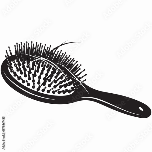 A black silhouette of a hairbrush with strands of hair caught in its bristles.
