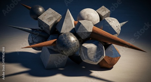 Abstract Sculpture with Geometric Shapes and Textures.