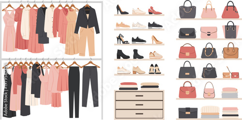SFashion Wardrobe with Dresses, Shoes, Handbags, and Accessories, Perfect for Clothing, Fashion, and Closet Organization Illustrations