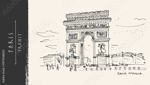 Paris, France. Arc de Triomphe triumphal arch and Champs Elysees skyline sketch postcard. Hand drawn line drawing. Travel sketch. Vintage postcard, poster, book illustration, artwork, sketchy drawing