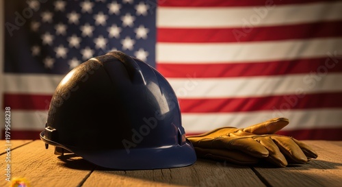 Wallpaper Mural Labor day concept hard hat and gloves on wood table american flag background. Torontodigital.ca