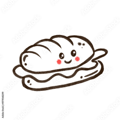Adorable black and white kawaii sandwich illustration featuring a cute smiling face with rosy cheeks. Hand-drawn outline style artwork with a soft, sketch-like texture. Isolated on a clean background.
