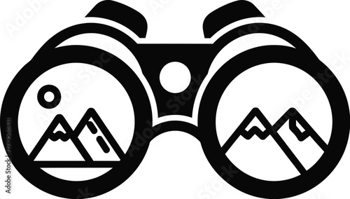  pair of binoculars with with mountain landscapes illustrated inside the lenses used as a symbol for observation, tourism, or adventure. 