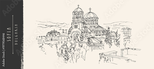 Sofia, Bulgaria. Alexander Nevsky Cathedral skyline sketch postcard. Orthodox church architecture, city view panorama, travel drawing. Vintage hand drawn vector postcard, ink line poster illustration