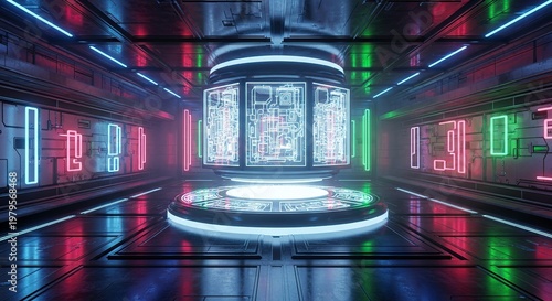 Futuristic Interior Design with Glowing Lights and Technology.