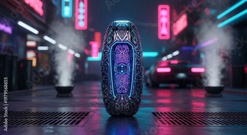 Futuristic Cyberpunk Device in Neon City Environment.