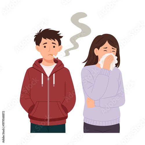 Woman unhappy smell of cigarette fume from man smoking. Unhealthy addiction. Toxic tobacco smoke. Unpleasant odor. Bad habit. Vector Illustration