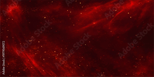 A glowing red abstract nebula background features a dark cosmic sky filled with bright stars and stardust across a science-themed galaxy universe illustration