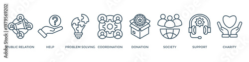 Volunteer banner web icon vector illustration concept with icon of public relations, help, problem-solving, coordination, donation, society, support, charity