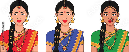 Traditional Indian Women in Colorful Sarees with Elegant Jewelry, Perfect for Cultural, Festival, and Ethnic Style Illustrations