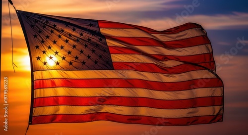 Wallpaper Mural Waving american flag against vibrant sunset sky symbolizing freedom and national pride celebration. Torontodigital.ca