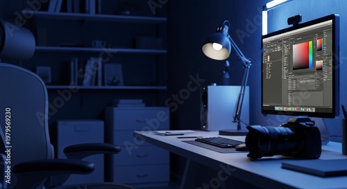Creative workspace with computer and camera in a dark room.