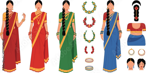 Traditional Indian Women in Colorful Sarees with Floral Jewelry, Hair Accessories, and Elegant Details for Cultural and Ethnic Illustrations
