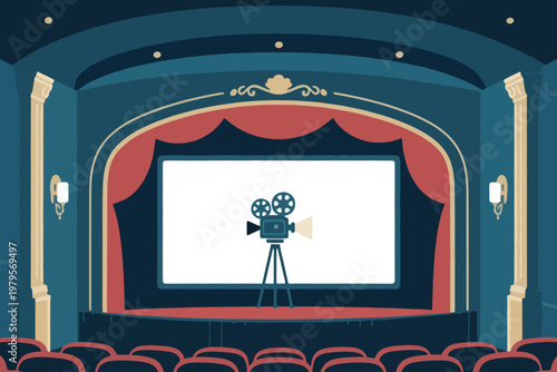 Vintage cinema interior with ornate arch, red curtains, film projector, and rows of red seats, stylized vector illustration.