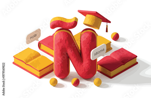 Spanish Language Learning Concept With Ñ Letter, Books and Graduation Cap Representing Education And Study


