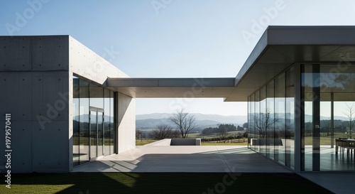 Modern architectural design with glass walls and open spaces.