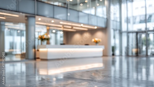 Blurred modern office lobby with illuminated white reception desk and reflective floor