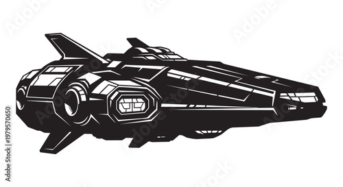Futuristic Spaceship, Black Vector Illustration, Sci-Fi Spacecraft, Futuristic Design