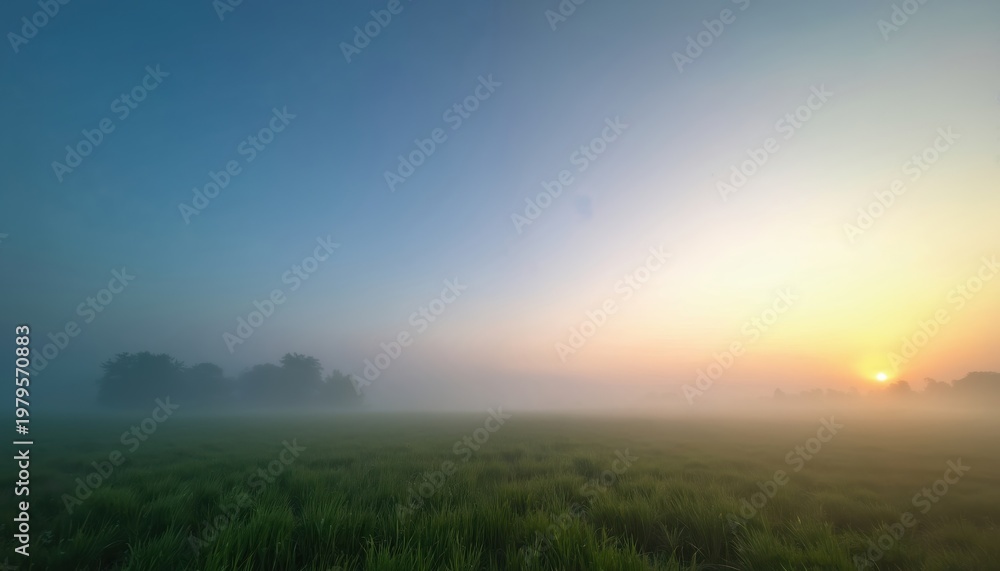 Obraz premium Misty meadow at sunrise with clear blue sky fading into warm sunlight. Green grass stretches to distant trees shrouded in fog. Peaceful dawn landscape offers serene quiet atmosphere.