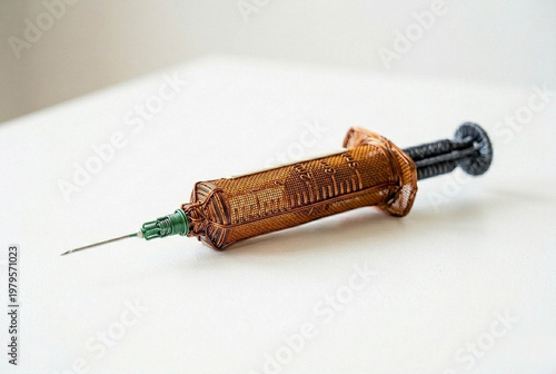 Precise Injection: A detailed view of a wire syringe, ready for use, showcases a needle's precision and the instrument's design. This shot highlights medical tools and processes.