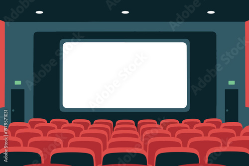 Cinema auditorium interior with rows of red cushioned seats facing large projection screen, stylized vector illustration.