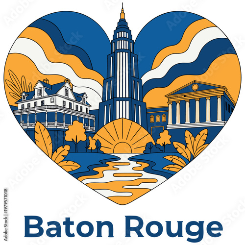 Baton Rouge Louisiana Cityscape Illustration in a Heart Shape Featuring State Capitol Landmarks and Mississippi River Sunset Blue and Gold Graphic Vector Art