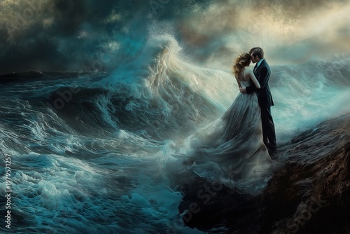 Romantic Couple Embracing on Cliff Edge with Dramatic Ocean Waves Behind