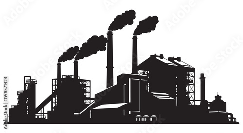 Industrial factory, black silhouette, smokestacks, industrial complex, pollution