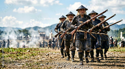 Matchlock Gun Squad in Formation, Sengoku Era Samurai Arquebusiers
