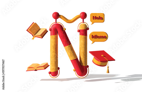 3D Letter N With Spanish Language Icons, Books, Speech Bubbles and Graduation Cap for Education

