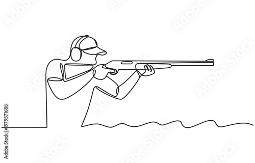 Single line drawing of a person aiming a shotgun with clay pigeon trap shooting line art continuous shooting outdoors activity recreation competition training practice ammunition