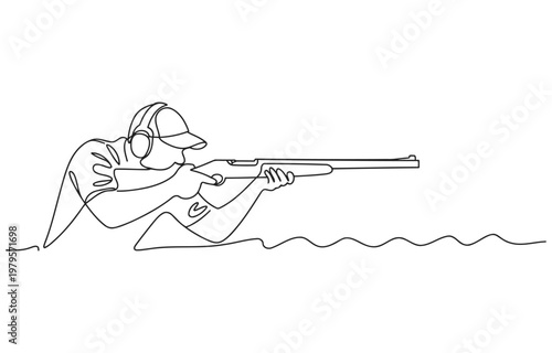 Single line drawing of a person aiming a shotgun with clay pigeon trap shooting line art continuous shooting outdoors activity recreation competition training practice ammunition