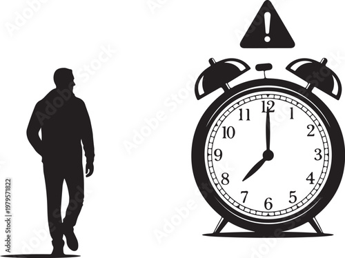 Man walking away from alarm clock