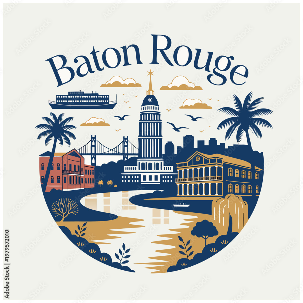 Obraz premium Baton Rouge Louisiana City Skyline Illustration with State Capitol Building and Mississippi River - Vintage Style Retro Vector Travel Souvenir