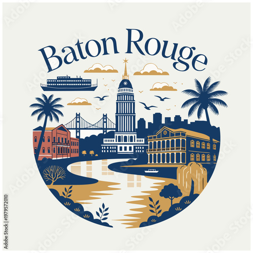 Baton Rouge Louisiana City Skyline Illustration with State Capitol Building and Mississippi River - Vintage Style Retro Vector Travel Souvenir