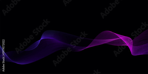 Flowing purple smoke waves with glowing pink and blue light curves create an abstract motion design pattern over a dark black texture backdrop