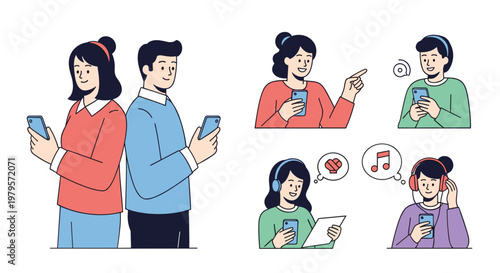 Illustration of people using their smartphones for various activities like messaging, pointing, listening to music, and reading.