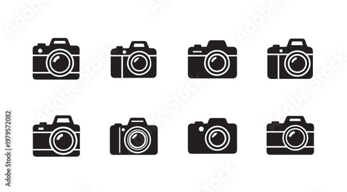 Collection of camera icons in black and white symbolizing photography and visual media