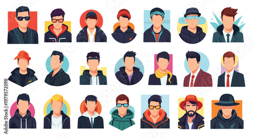 Diverse set of male avatars in square and circular frames featuring various styles, hats, glasses, and professional clothing.