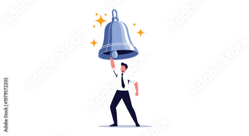 Illustration of a small person in business attire lifting a giant silver bell over their head, symbolizing an alert or notification.